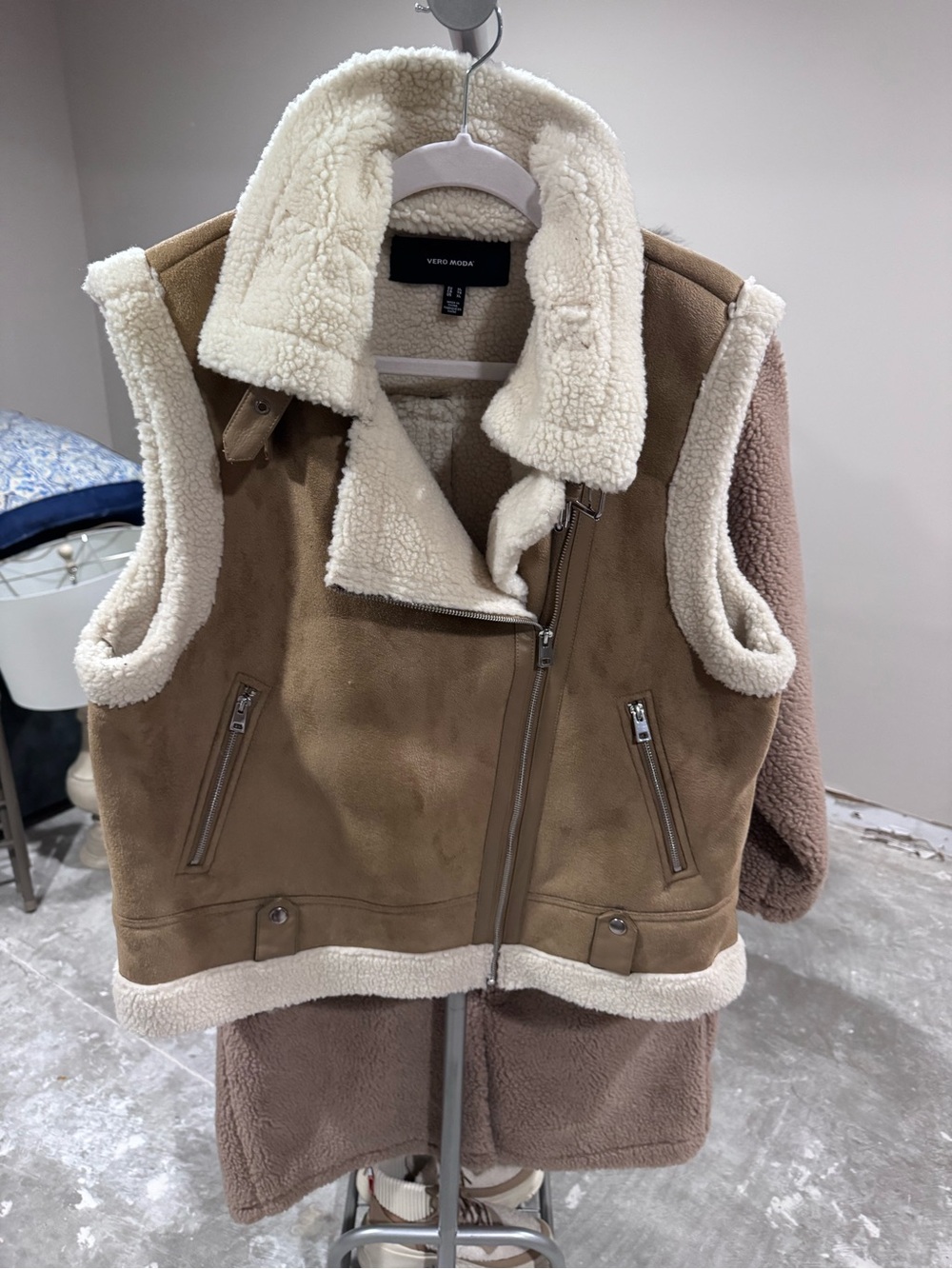 Vero Moda Tan Sherpa-Lined Faux Suede Vest